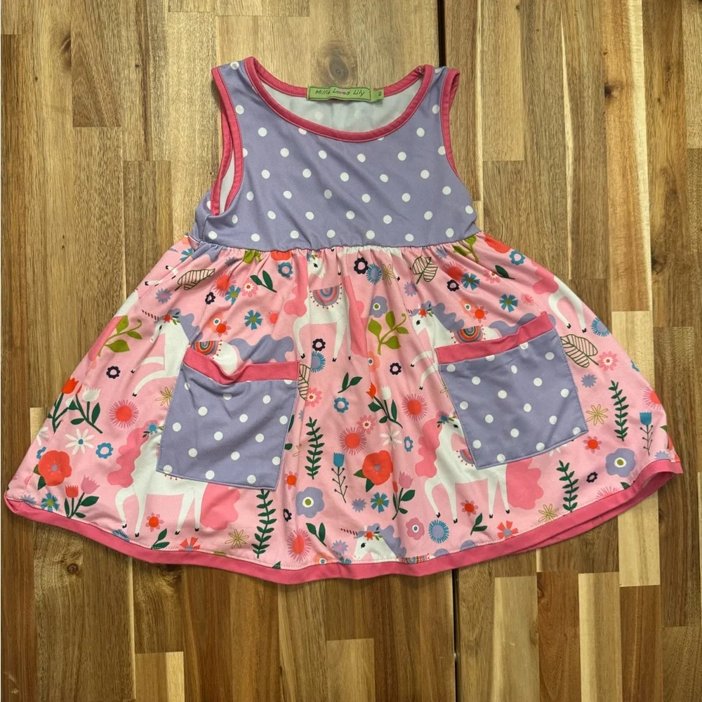 Millie Loves Lily Girls‎ Pink Purple Unicorn Polka Dot Pocket Dress Size 2